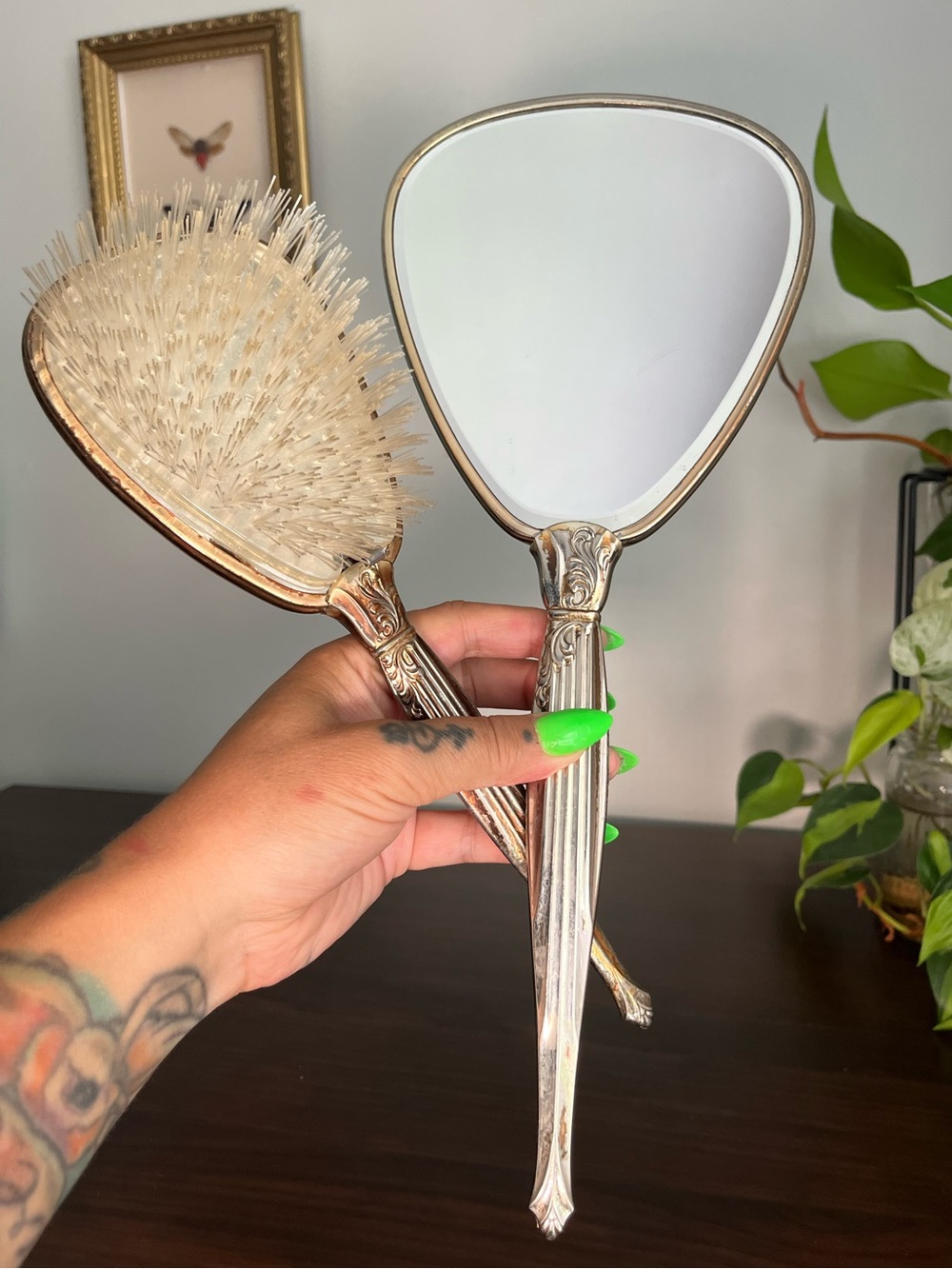 Vintage Silver Tone Vanity Set – Hand Mirror & Hair Brush – Floral Art Deco